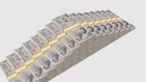 Many wads of money. 1000 Japanese Yen banknotes. Stacks of money.