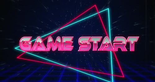 Retro-Spielstarttext glitzert über blauen und roten Dreiecken bei weißem Hyperraumeffekt