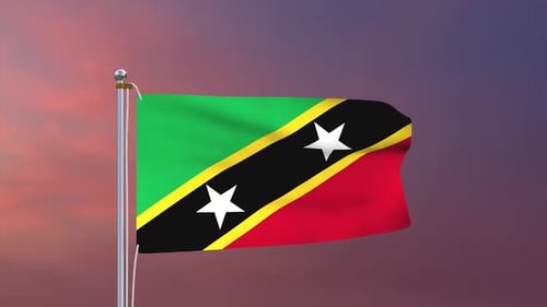 Animated Saint Kitts and Nevis Flag Waving Against a Sunset Sky