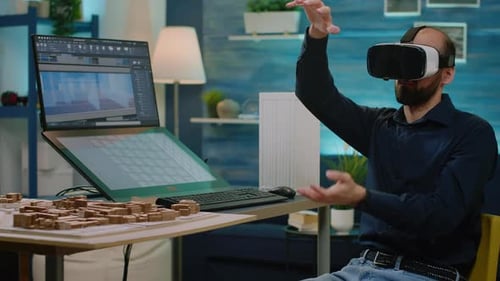 Man Engineer Working with Vr Glasses to Design Building Model