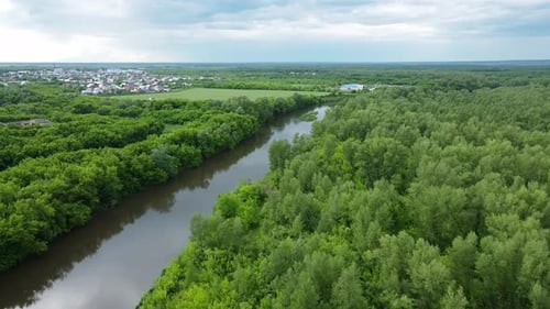 Aerial View of the Long River and Forest. Amazing Landscape Shooting By Drone