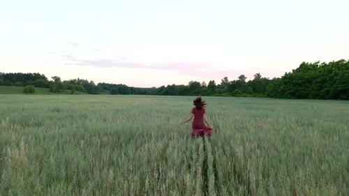 Young Woman with Long Hair in Long Dress Runs on a Field, Slow Motion Shot