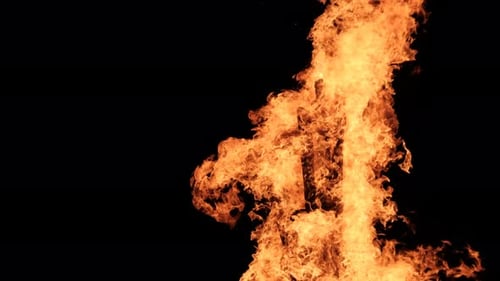Una gran hoguera arde por la noche a cámara lenta sobre un fondo negro en la naturaleza