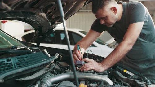 Auto Mechanic Using Multimeter on Car Battery