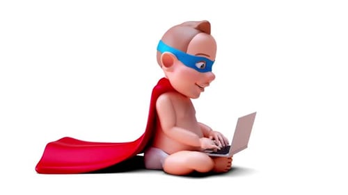 Fun 3D cartoon of a super baby coding