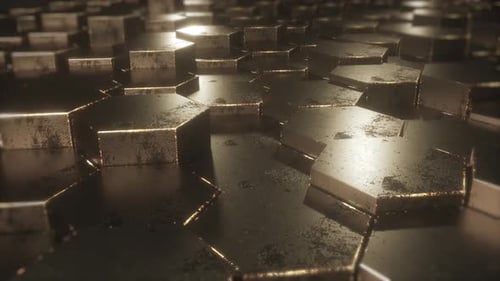 Abstract background of randomly moving metallic hexagons. Seamless loop animation.