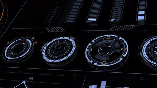 Head-up-Display-Technologie, Schnittstellenbildschirm mit futuristischen 3D-Elementen, Diagramm und Chat-Panel