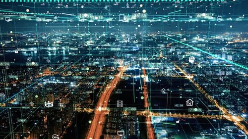 smart Connected city skyline. Futuristic network concept, city Technology.