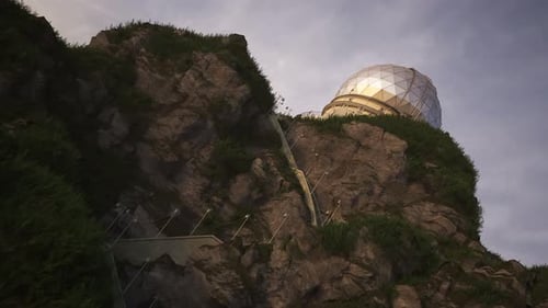 A modern astronomical observatory building on a steep rocky coast. 4KHD