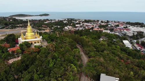 Classic Buddhist Temple Between Forest, From Above Drone View Buddhist Monastery Between Green Trees