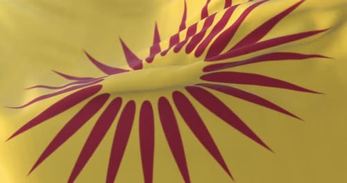 Waving Yellow Flag with Stylized Red Sun Symbol