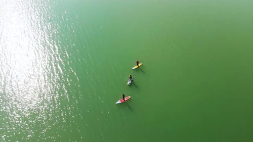 Poeple is Paddling on Sup Board in the Winter Lake