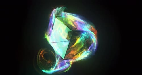 Abstract glass cube and colorful iridescent particle flow.