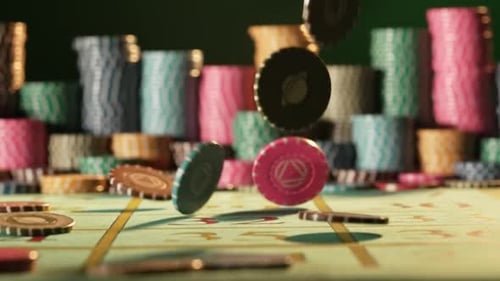 Casino Chips Falling on the Gaming Table on a Black Background with Blurry Stacks Chips