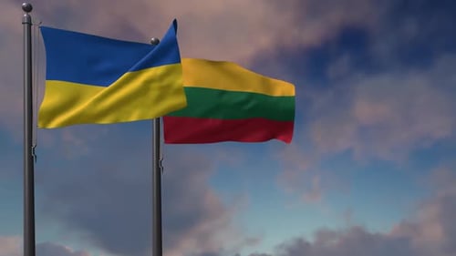 Waving Ukrainian and Lithuanian Flags Against a Blue Sky