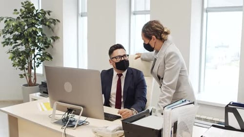 Business Teamwork in Modern Office with Face Masks