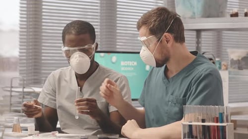 Two Multiethnic Biotechnologists Conducting Experiment in Lab