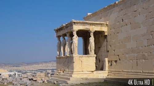 Porche 4K des Caryatides Gros Plan Parallax à Athènes, Grèce