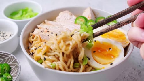 Close-up of Yummy Ramen with Chicken and Egg