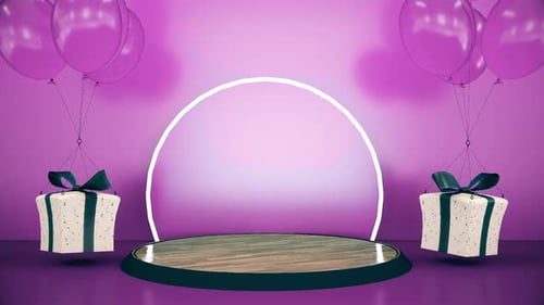 3D Celebration Stage with Floating Gifts and Balloons