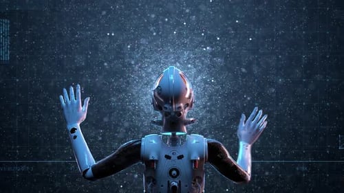 robot femme science-fiction, grande interface holographique
