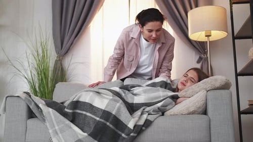 Mother Care Sleeping Daughter Day Rest Careful
