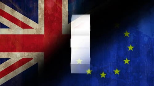 Pound Sterling Symbol in Crisis with UK and EU Flags