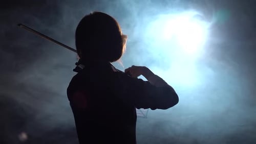 Professional Playing the Violin in a Dark Studio with a Lantern . Black Smoke Background. Back View