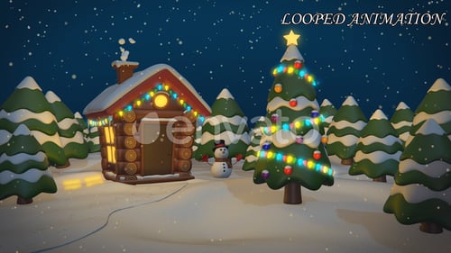 Looped Christmas Winter Animation with Cabin and Snowman