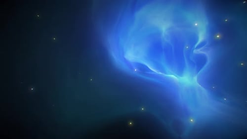 Space Flying Inside Weicher blauer Nebel und Sterne