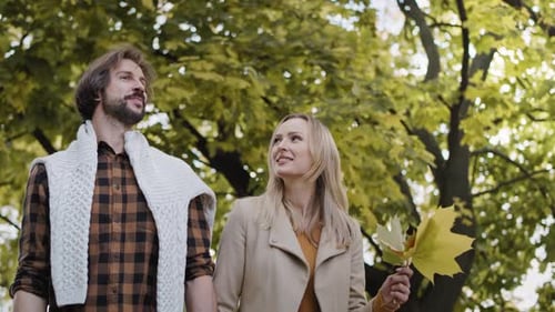 Low angle view of happy couple walking in autumn forest