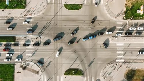 Various Cars Drive and Stop on Crossroads with Zebras