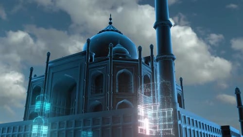 Futuristic Digital Light Patterns on a Grand Architectural Structure