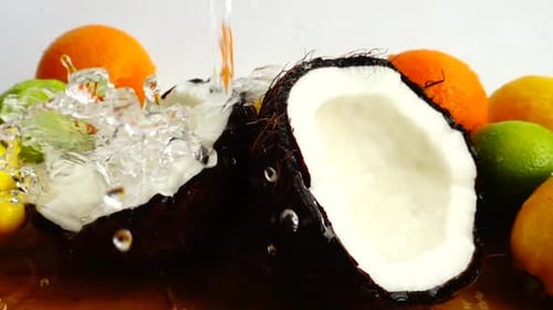 Water Pouring onto Fresh Coconut and Citrus Fruits