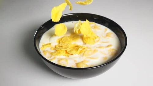 Corn Flakes Falling Into Bowl with Milk