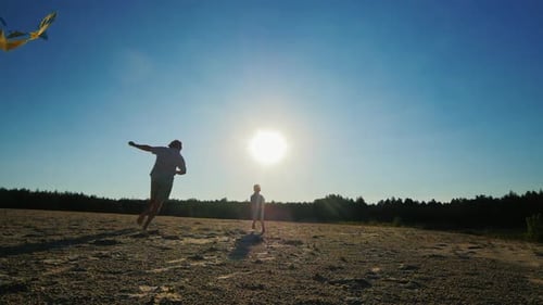 Father and Son Fly Kite in Sunny Field