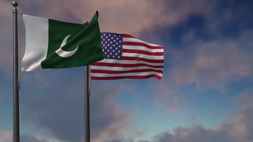 Realistic Pakistan and USA Flags Waving Together in Blue Sky