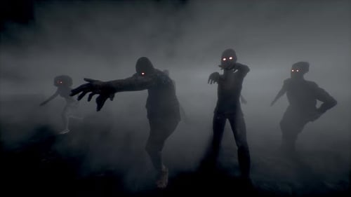 Gruppe gruseliger angreifender Zombies. Halloween-Konzept.