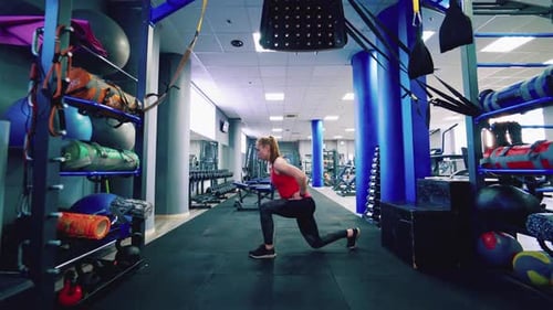 Athletic Woman Doing Lunges in Gym