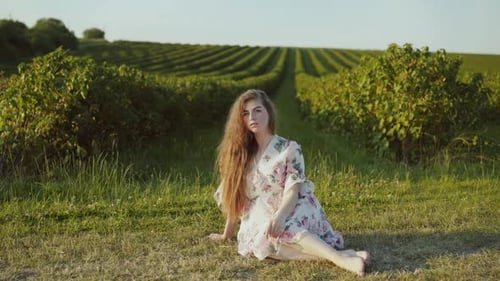 Beautiful Young Lady with Long Hair and Wore in Dress Sits Among Green Field