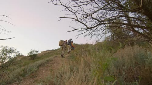 People Hiking Uphill on a Grassy Hillside