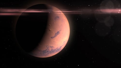 Futuristic Spaceship Flies Past a Rotating Planet in Space