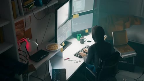 Animated Programmer Working On Computers With Multiple Monitors