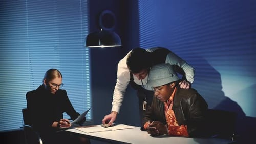Police Interrogation with Woman, Man and Handcuffed Suspect