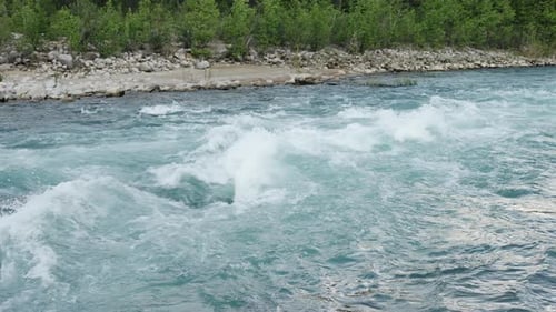 Beautiful View of Mountain River Fast Flowing Water and Rocks Wild Nature