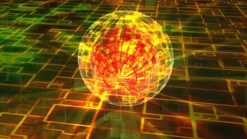 Futuristic Rotating Sphere with Digital Grid Network