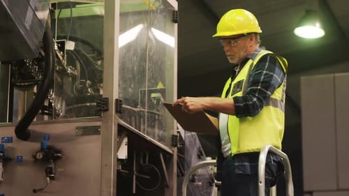 Man Inspects Factory Machine Wearing Hardhat and Vest