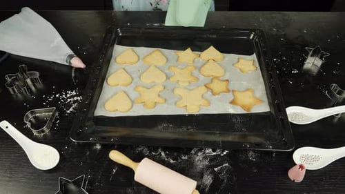 Overhead View of Baked Cookies on Baking Sheet