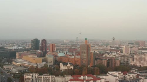 AERIAL: View Over Berlin, Germany Cityscape with Alexanderplatz TV Tower and Potsdamer Platz in