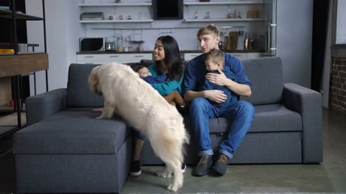 Family with Dog Sitting Together on Gray Sofa